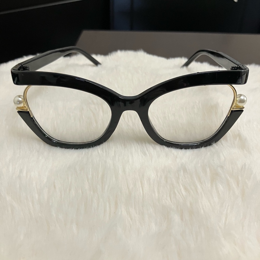Black Cat-Eye Glasses with Faux Pearl & Gold Accent Frame